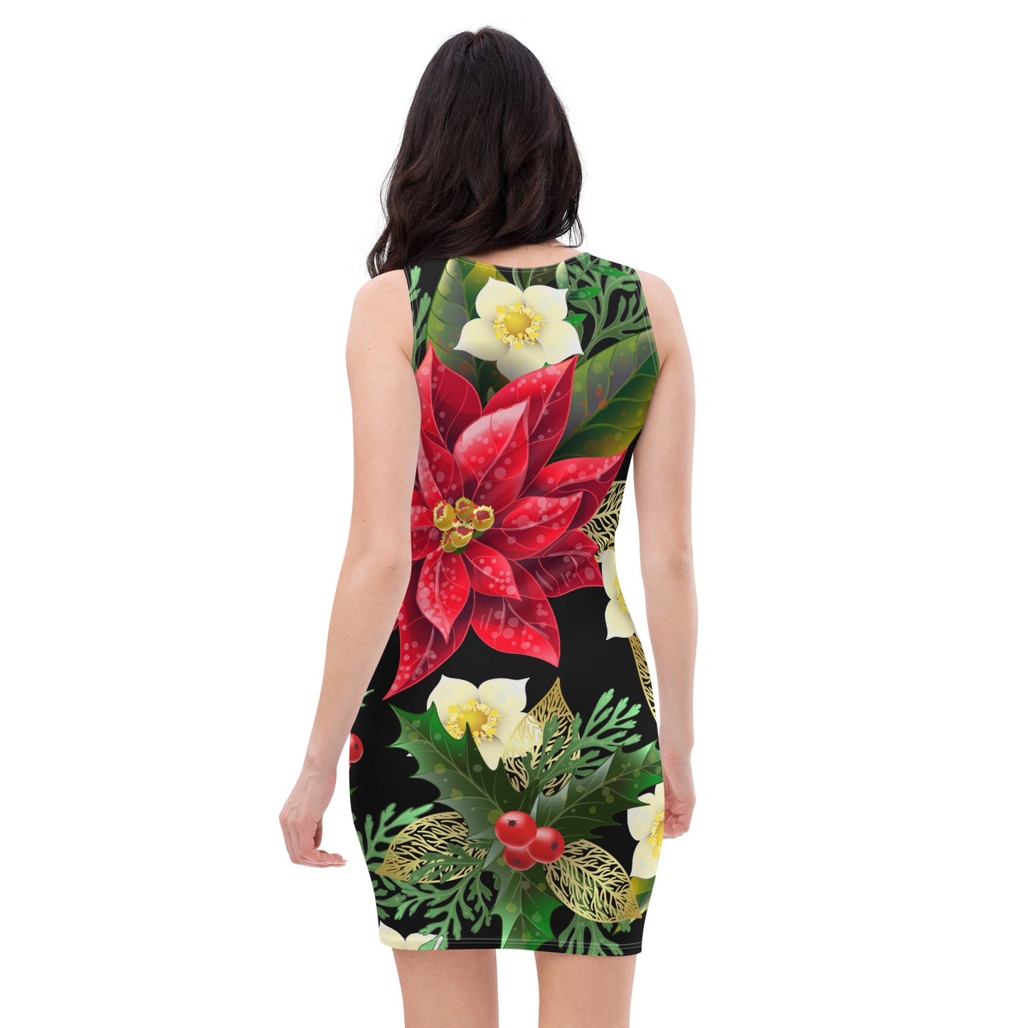 Christmas Party Dress Poinsettia & Holly All-Over Oversized Print Bodycon Dress