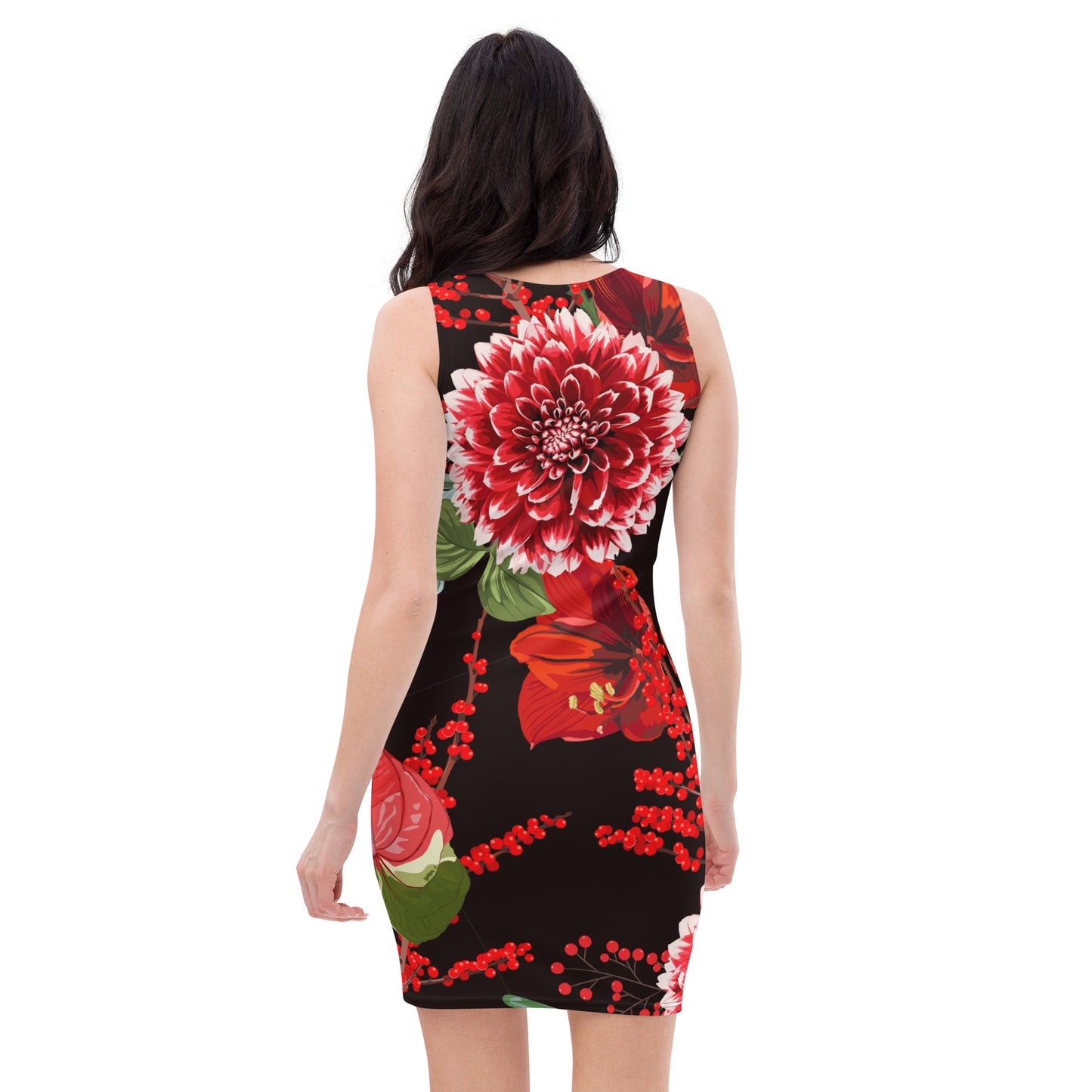 Floral Party Dress Red Black Floral All-Over Oversized Print Bodycon Dress