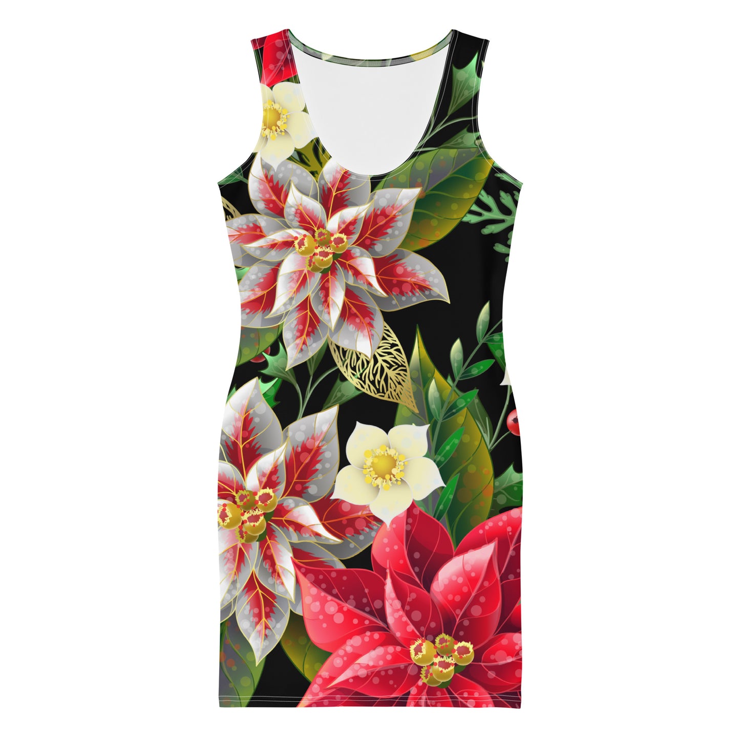 Christmas Party Dress Poinsettia & Holly All-Over Oversized Print Bodycon Dress