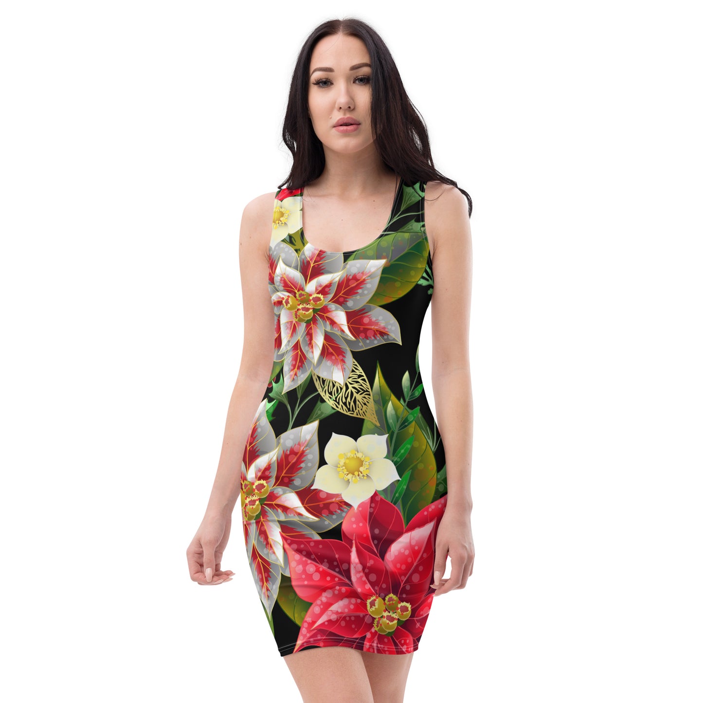 Christmas Party Dress Poinsettia & Holly All-Over Oversized Print Bodycon Dress