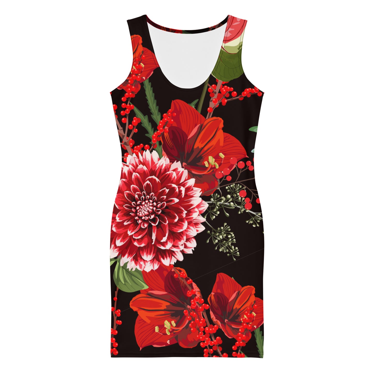 Floral Party Dress Red Black Floral All-Over Oversized Print Bodycon Dress