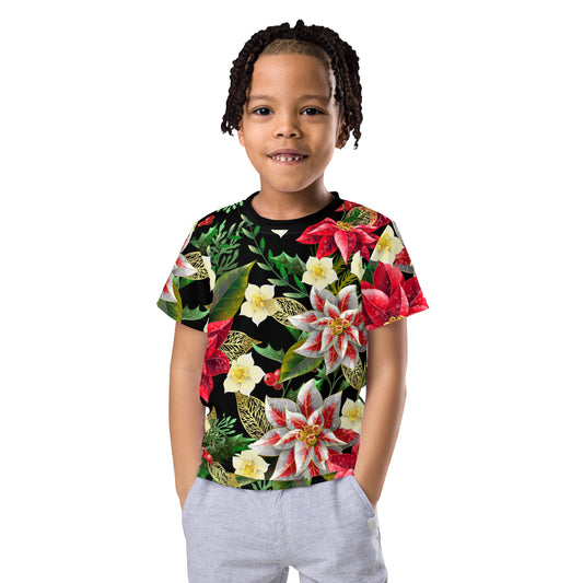 Kids Christmas TShirt Poinsettia & Holly Festive Oversized All-Over Print Unisex Kids T-Shirt