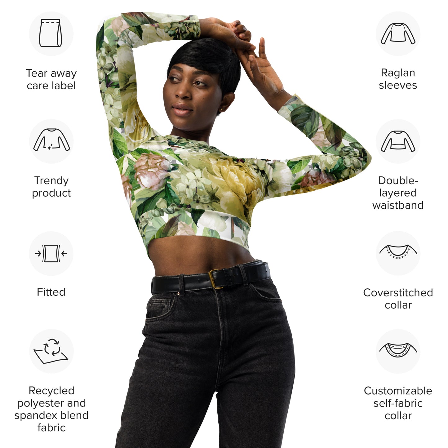 Oversized Floral All-Over Print Recycled Long Sleeve Crop Top