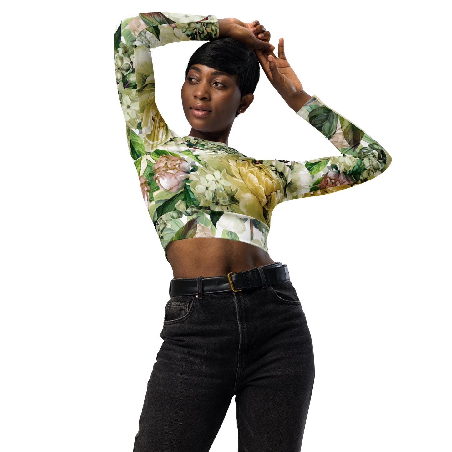 Oversized Floral All-Over Print Recycled Long Sleeve Crop Top