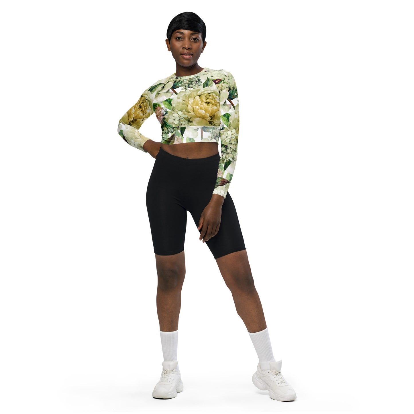 Oversized Floral All-Over Print Recycled Long Sleeve Crop Top