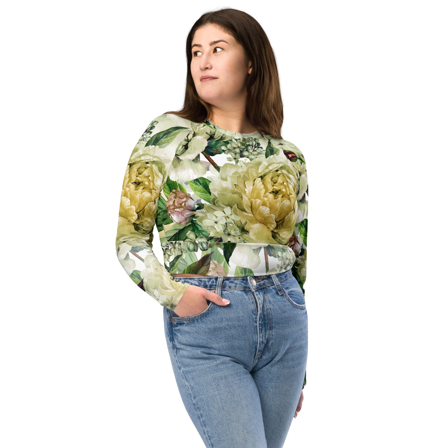 Oversized Floral All-Over Print Recycled Long Sleeve Crop Top