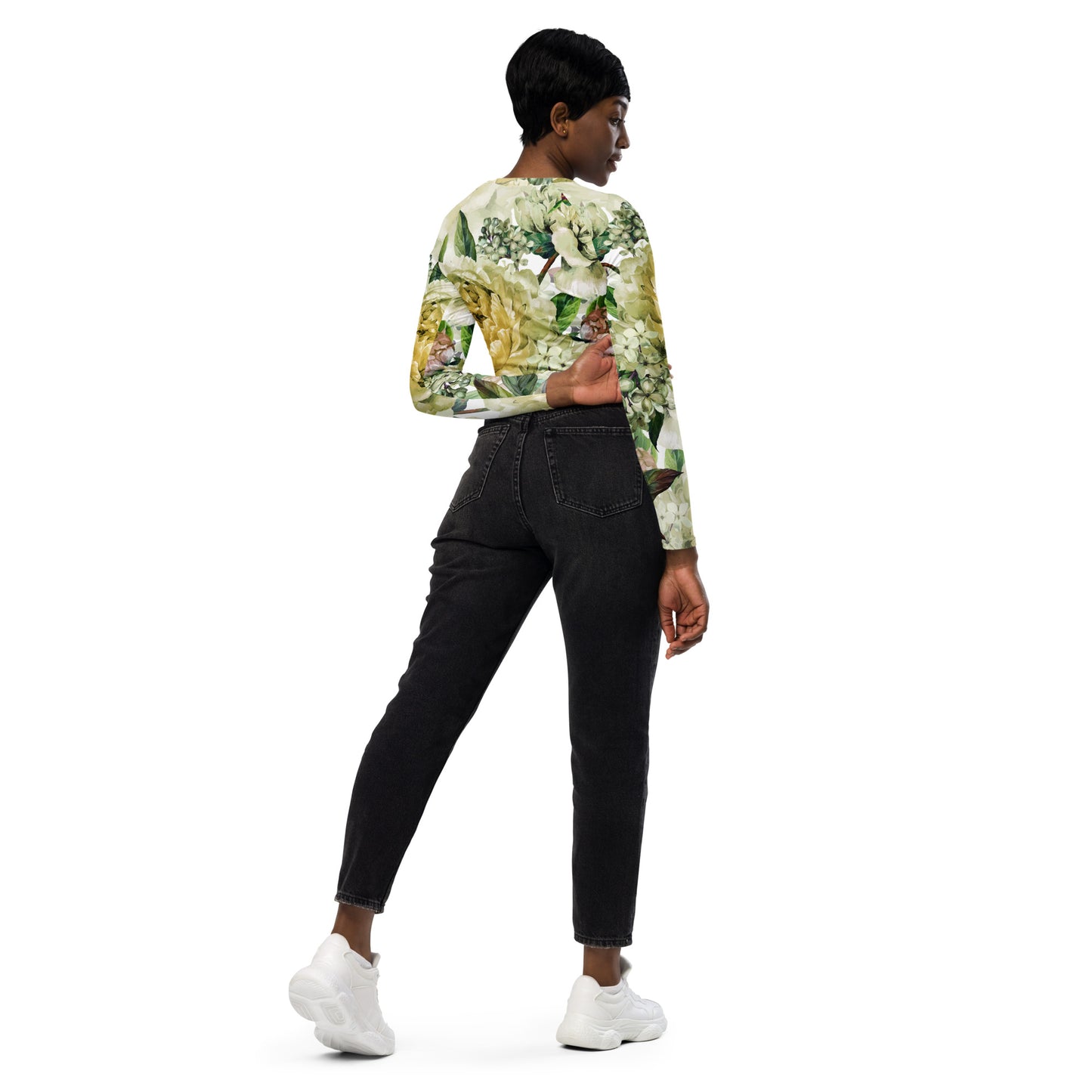 Oversized Floral All-Over Print Recycled Long Sleeve Crop Top