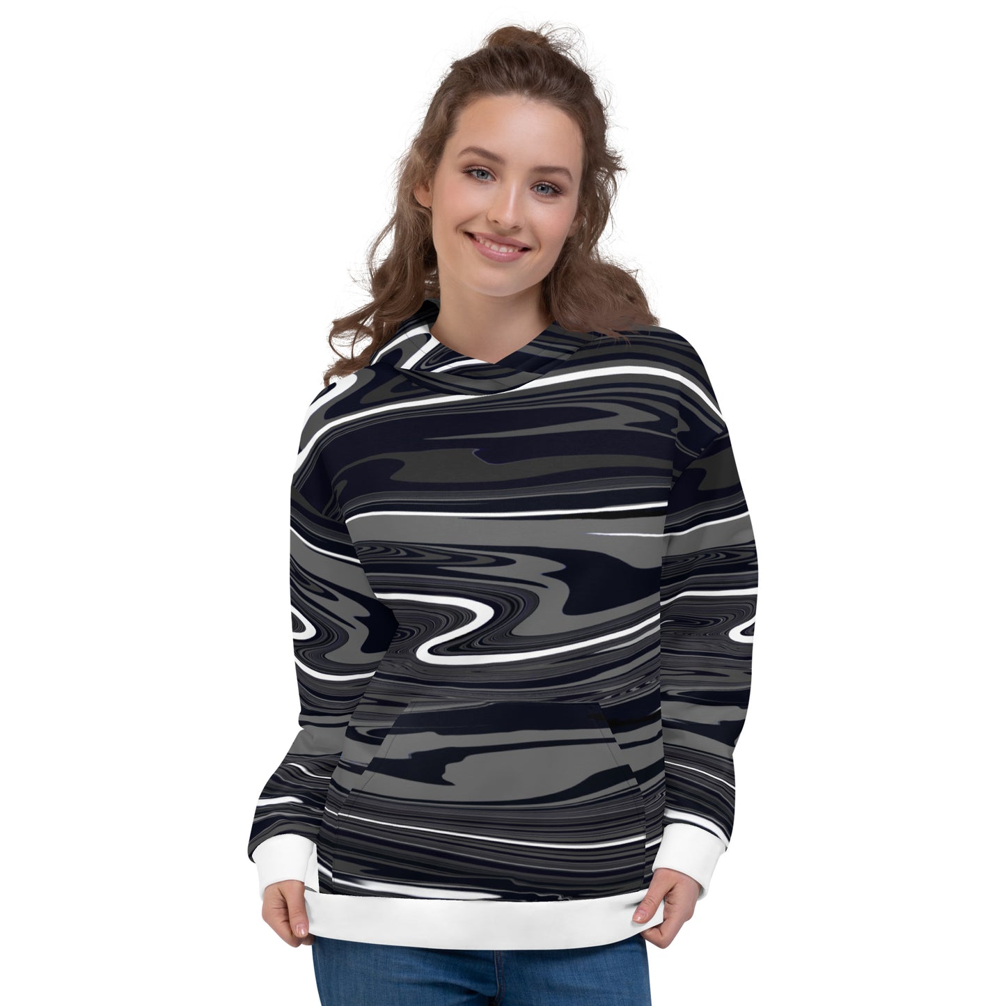 Grey Black Hoodie Monochromatic Abstract Striped All-Over Print Unisex Hoodie