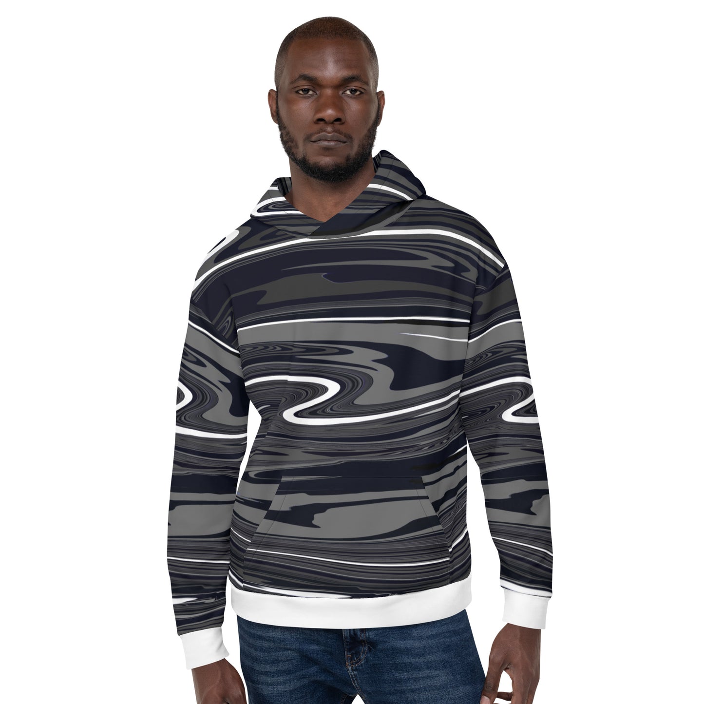 Grey Black Hoodie Monochromatic Abstract Striped All-Over Print Unisex Hoodie