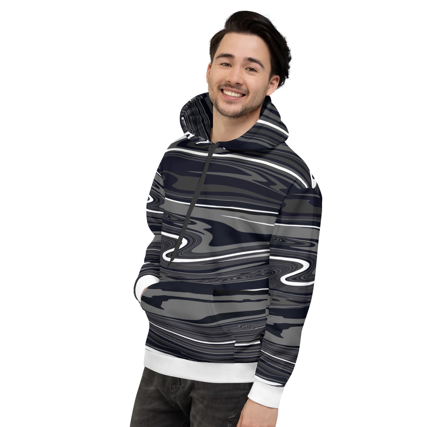 Grey Black Hoodie Monochromatic Abstract Striped All-Over Print Unisex Hoodie