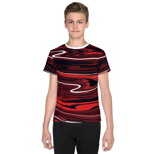 Red Youth TShirt Monochromatic Abstract Striped All Over Print Youth Crew Neck T Shirt