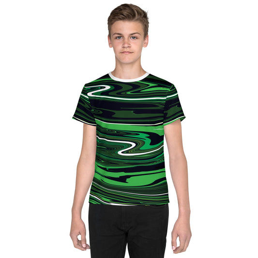 Green Youth TShirt Monochromatic Abstract Striped All Over Print Youth Crew Neck T Shirt