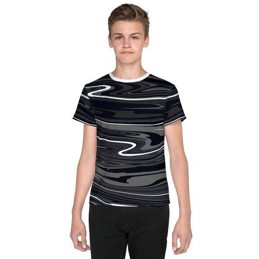 Grey Black Youth TShirt Monochromatic Abstract Striped All Over Print Youth Crew Neck T Shirt