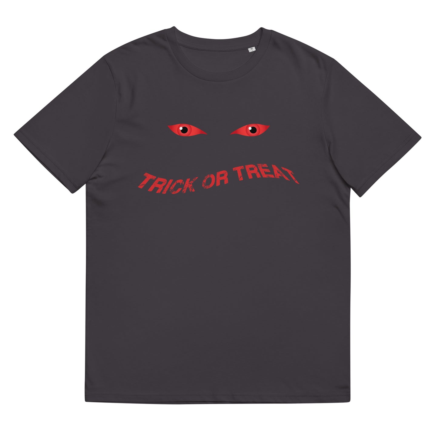 Trick Or Treat Halloween TShirt Spooky Demonic Blood Red Devil Eyes Unisex Organic Cotton T Shirt