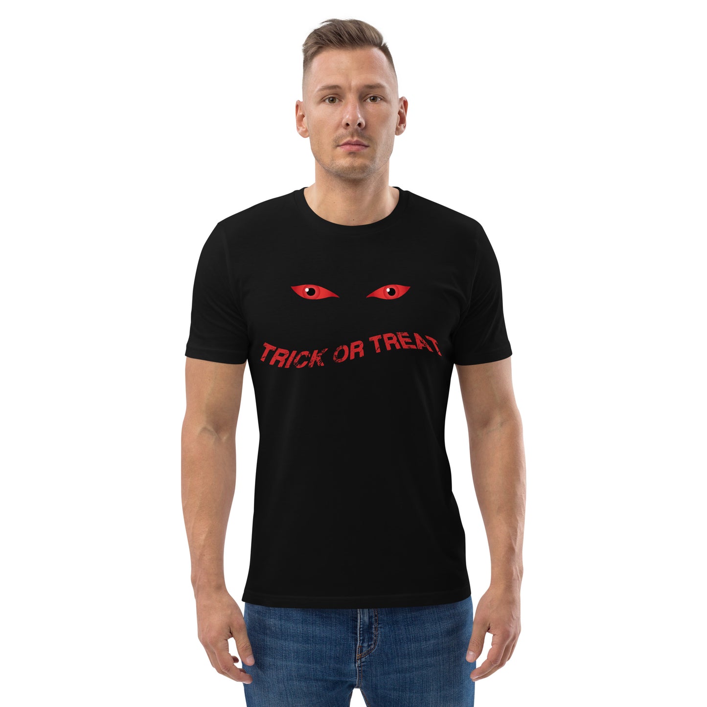 Trick Or Treat Halloween TShirt Spooky Demonic Blood Red Devil Eyes Unisex Organic Cotton T Shirt