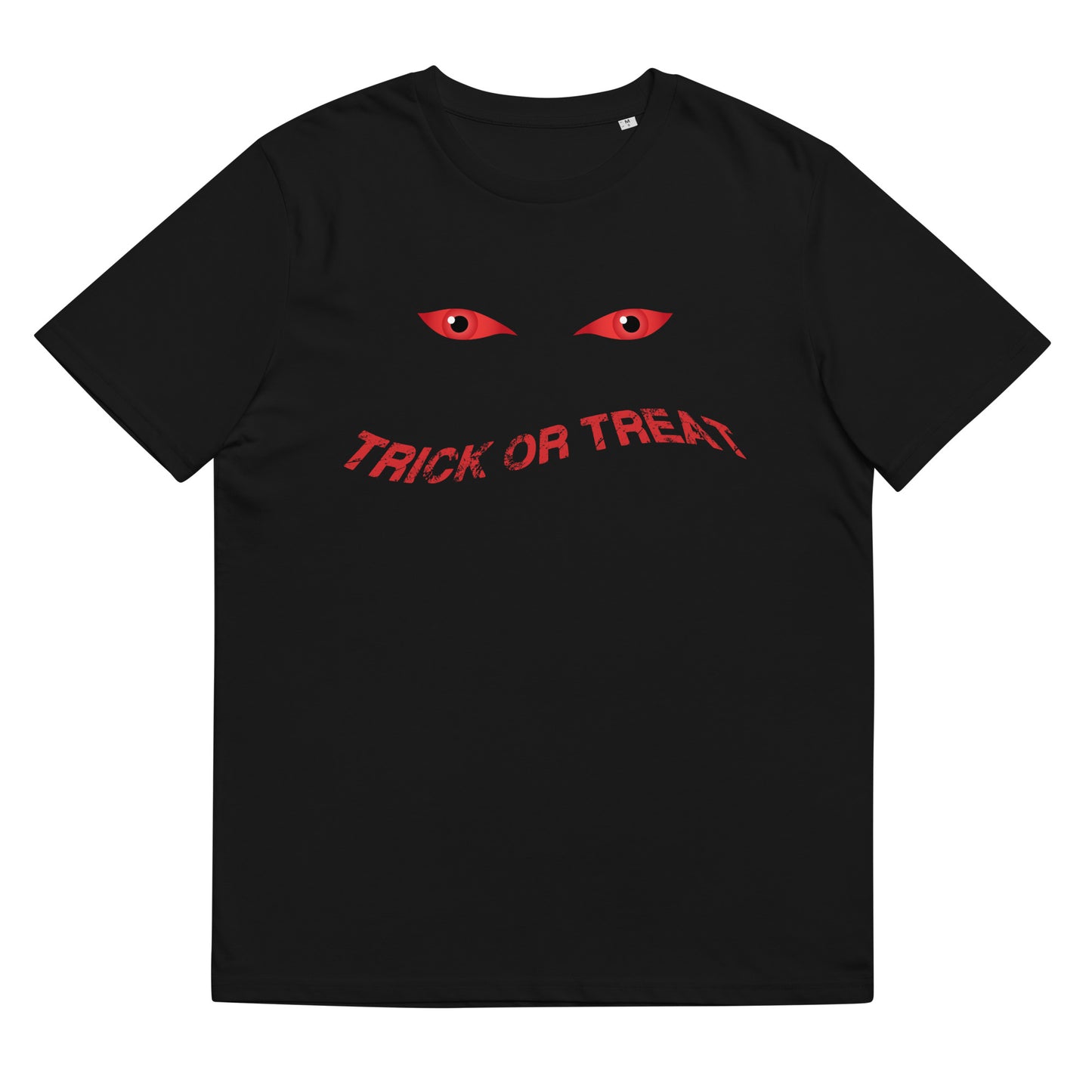 Trick Or Treat Halloween TShirt Spooky Demonic Blood Red Devil Eyes Unisex Organic Cotton T Shirt