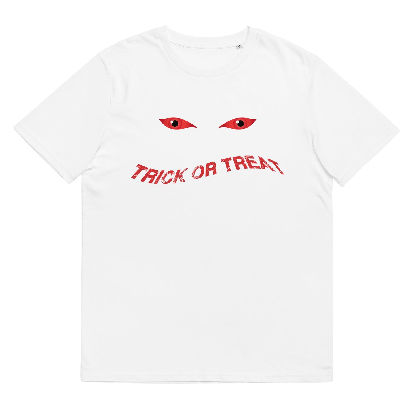 Trick Or Treat Halloween TShirt Spooky Demonic Blood Red Devil Eyes Unisex Organic Cotton T Shirt