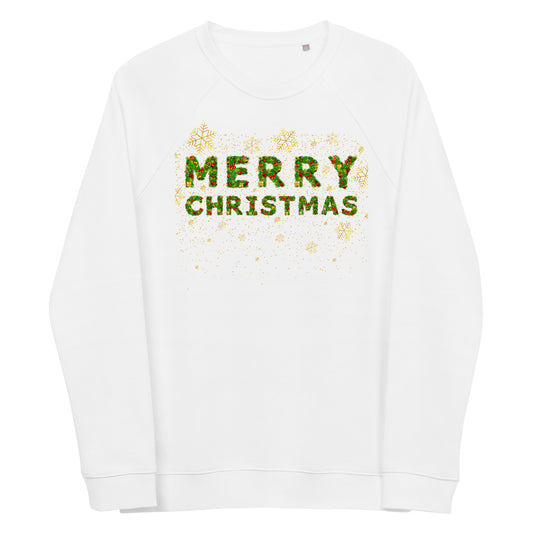 Christmas Sweatshirt Xmas Tree Font Merry Christmas Unisex Organic Cotton Raglan Sleeve Sweatshirt